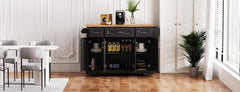K&K 54inch Large Kitchen Island with Rubber Wood Drop Leaf, Embossed Texture Rolling Kitchen Cart on 4 Wheels with 4 Doors and 3 Drawers, Kitchen Island with Storage for Kitchen, Dining Room,Black