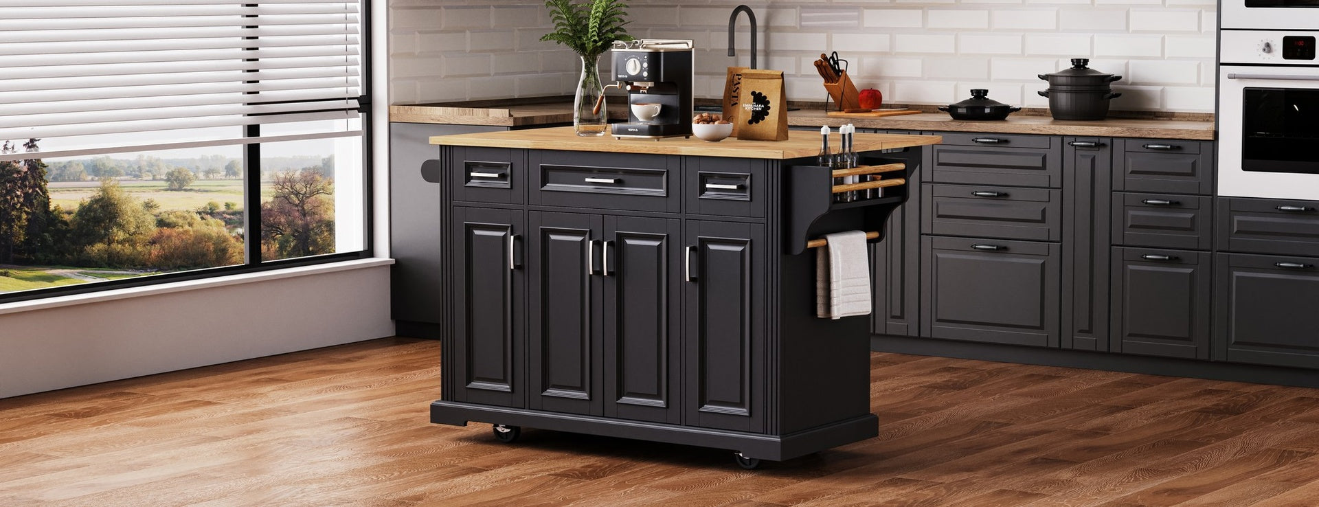 K&K 54inch Large Kitchen Island with Rubber Wood Drop Leaf, Embossed Texture Rolling Kitchen Cart on 4 Wheels with 4 Doors and 3 Drawers, Kitchen Island with Storage for Kitchen, Dining Room,Black