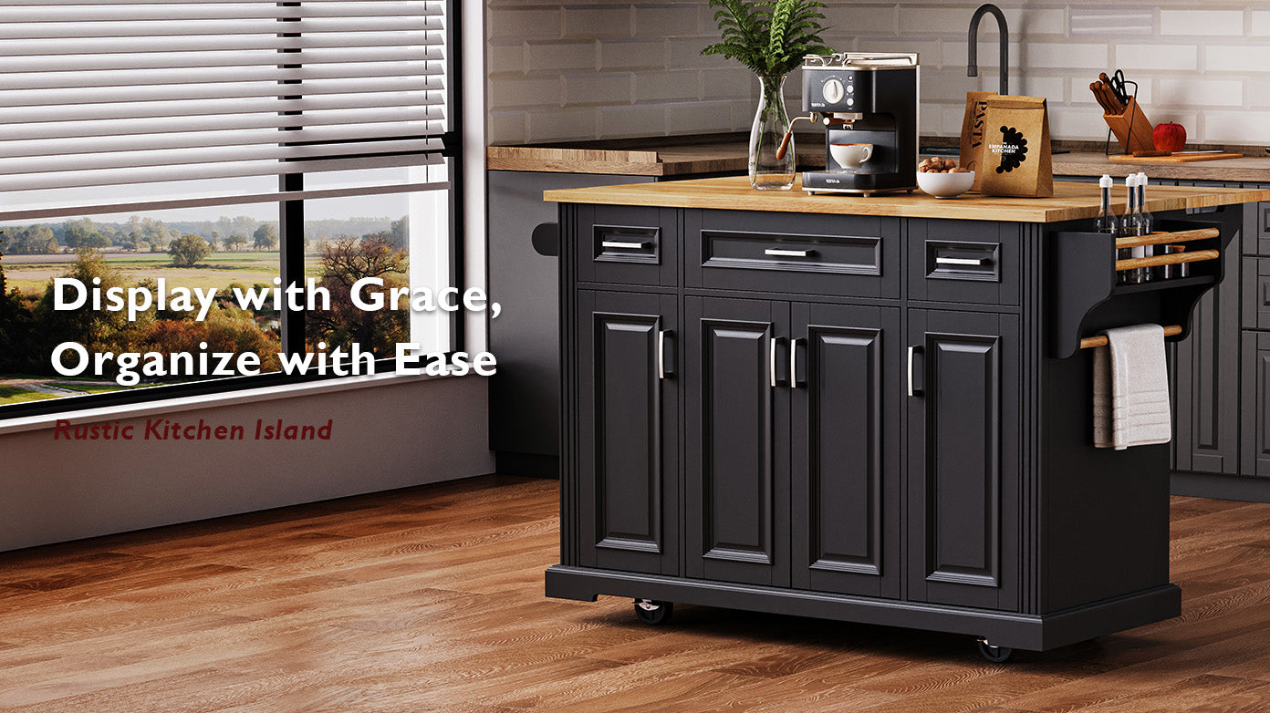 K&K 54inch Large Kitchen Island with Rubber Wood Drop Leaf, Embossed Texture Rolling Kitchen Cart on 4 Wheels with 4 Doors and 3 Drawers, Kitchen Island with Storage for Kitchen, Dining Room,Black