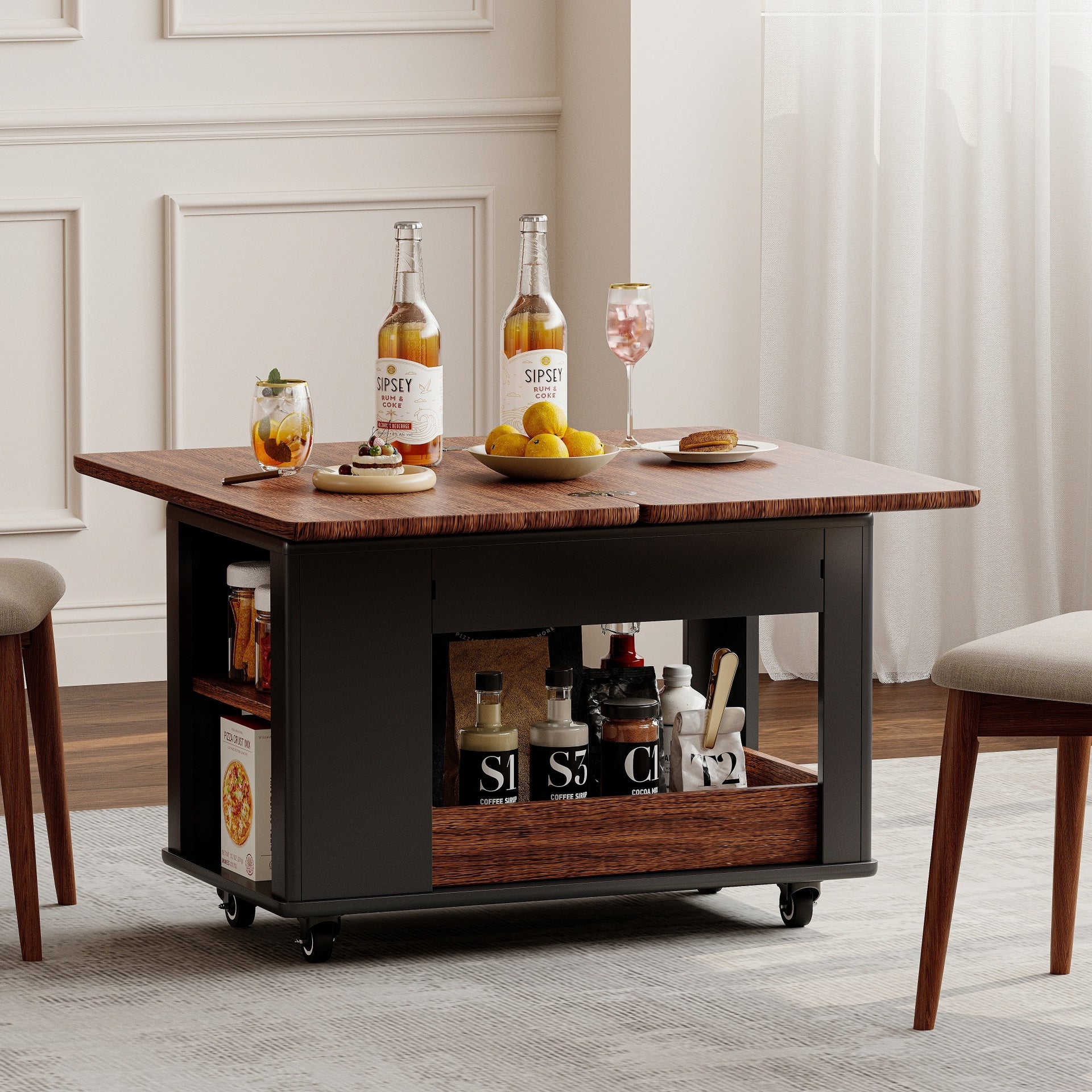 27.6'' Modern Multi-Function Coffee Table/Side Table with Foldable Top & Casters, Multi-tier storage, Black & Walnut
