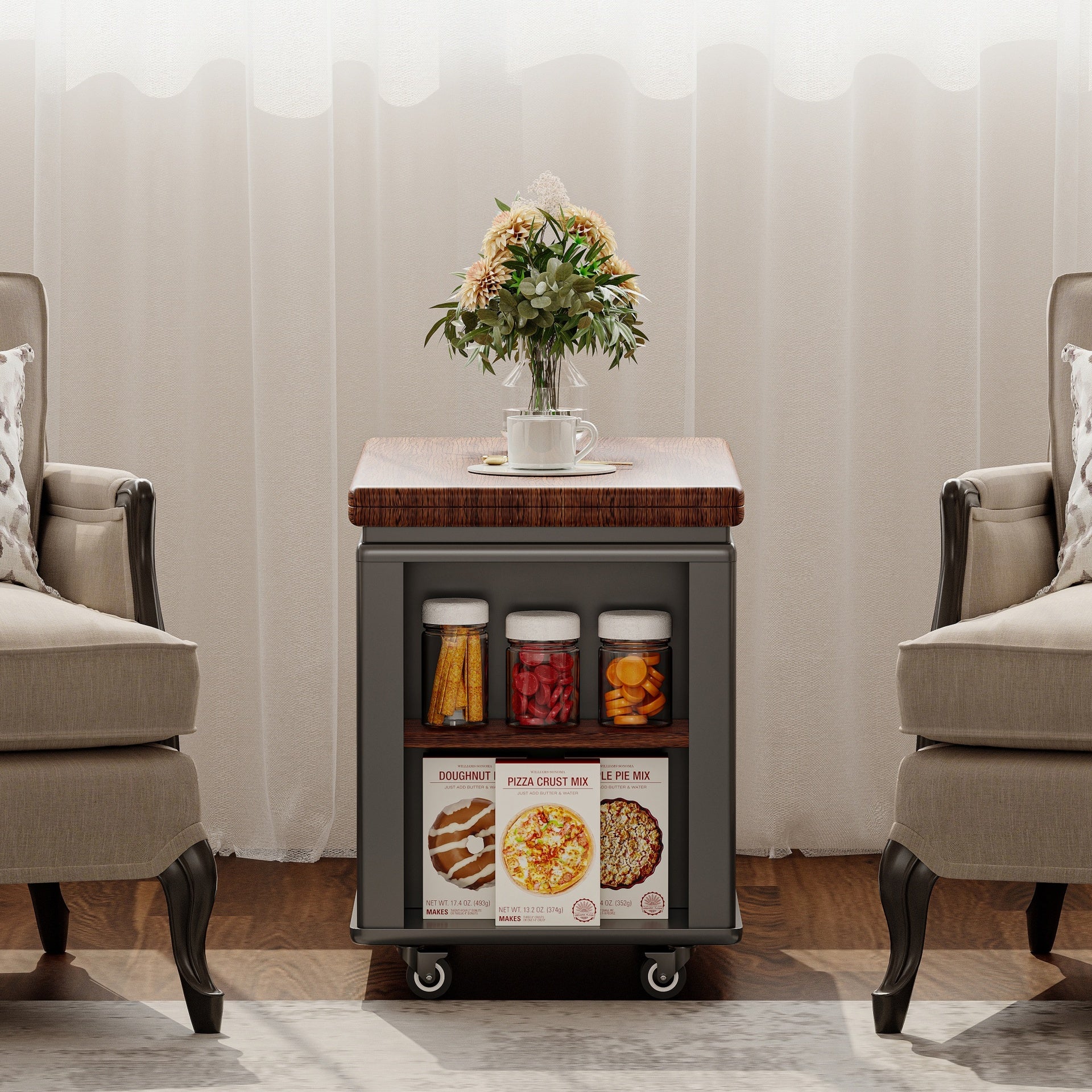 27.6'' Modern Multi-Function Coffee Table/Side Table with Foldable Top & Casters, Multi-tier storage, Black & Walnut