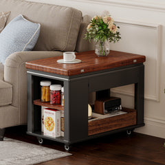 27.6'' Modern Multi-Function Coffee Table/Side Table with Foldable Top & Casters, Multi-tier storage, Black & Walnut