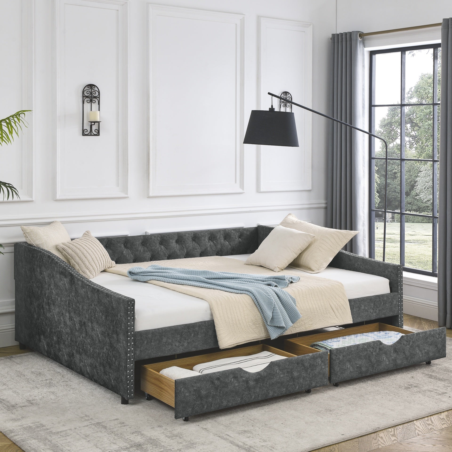 Queen Size Daybed with Drawers Upholstered Tufted Sofa Bed,,with Button on Back and Copper Nail on Waved Shape Arms, Grey (84.5"x63.5"x26.5")