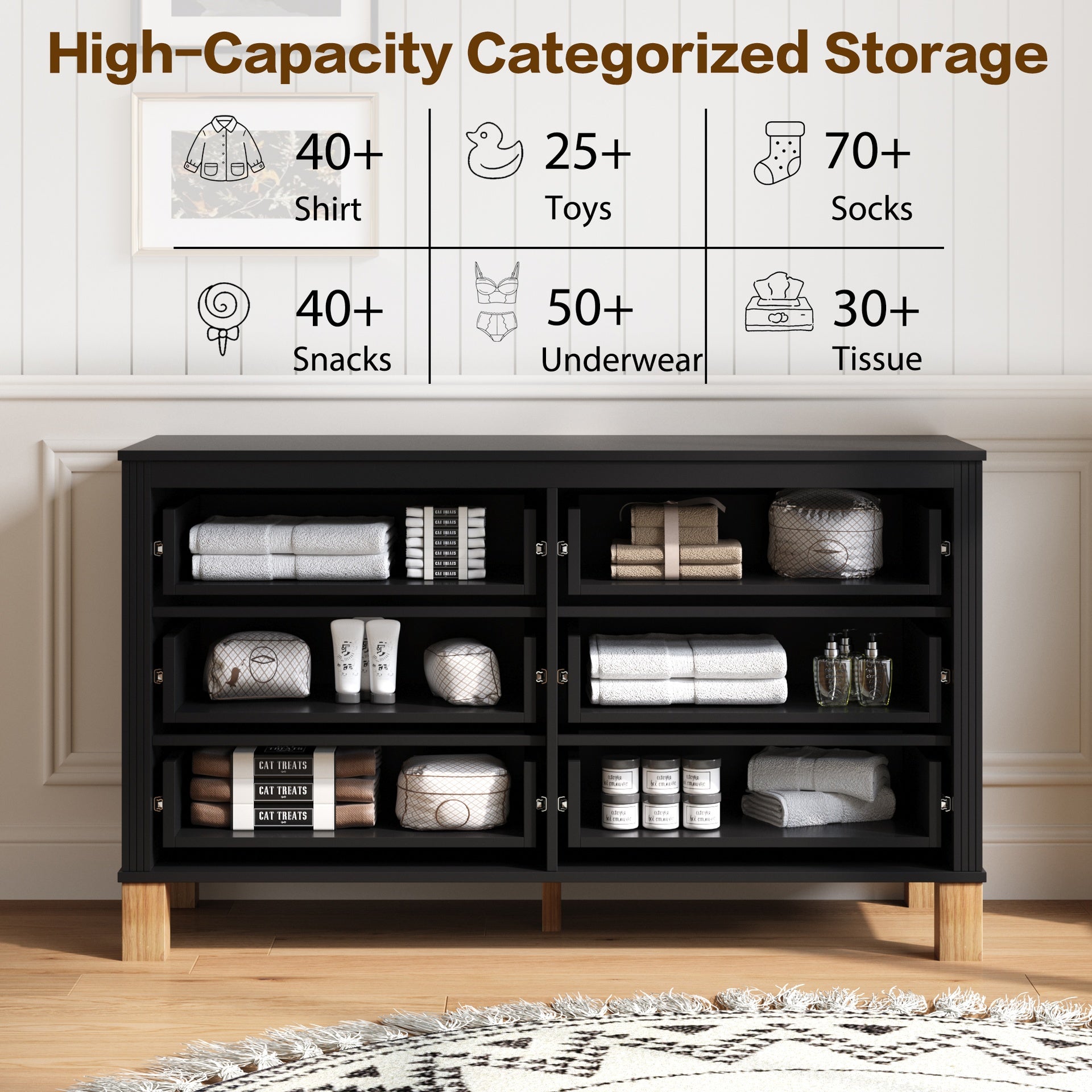 6-Drawer Double Dresser , Modern Storage Cabinet with Metal Handles & Solid Wood Legs, Dresser Drawer Organizer for Kids Bedroom, Heavy-Duty Wooden Dresser with Pre-Installed,Black