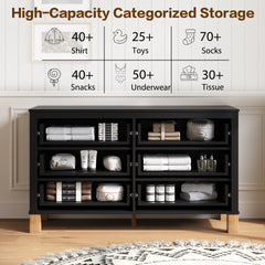 6-Drawer Double Dresser , Modern Storage Cabinet with Metal Handles & Solid Wood Legs, Dresser Drawer Organizer for Kids Bedroom, Heavy-Duty Wooden Dresser with Pre-Installed,Black