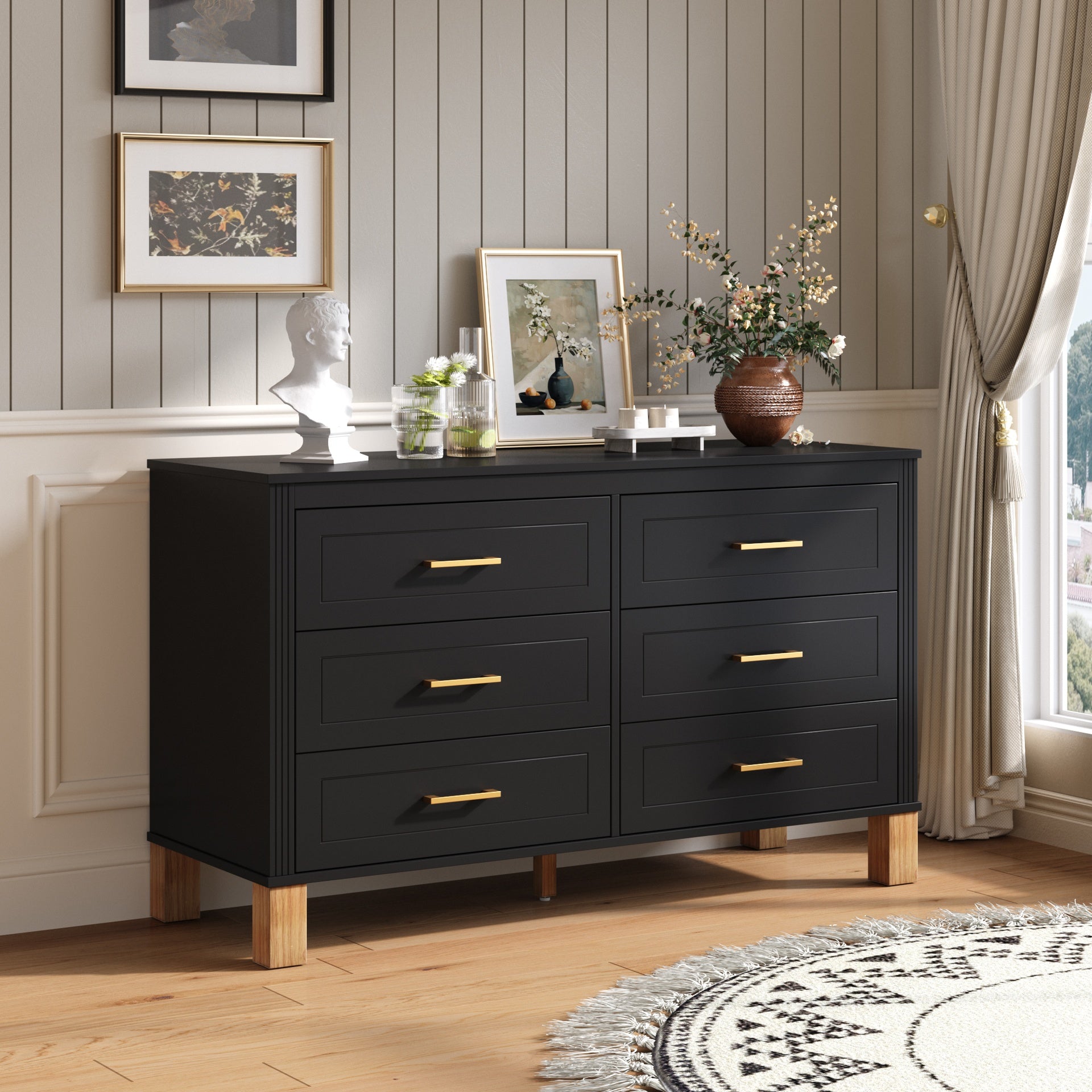 6-Drawer Double Dresser , Modern Storage Cabinet with Metal Handles & Solid Wood Legs, Dresser Drawer Organizer for Kids Bedroom, Heavy-Duty Wooden Dresser with Pre-Installed,Black