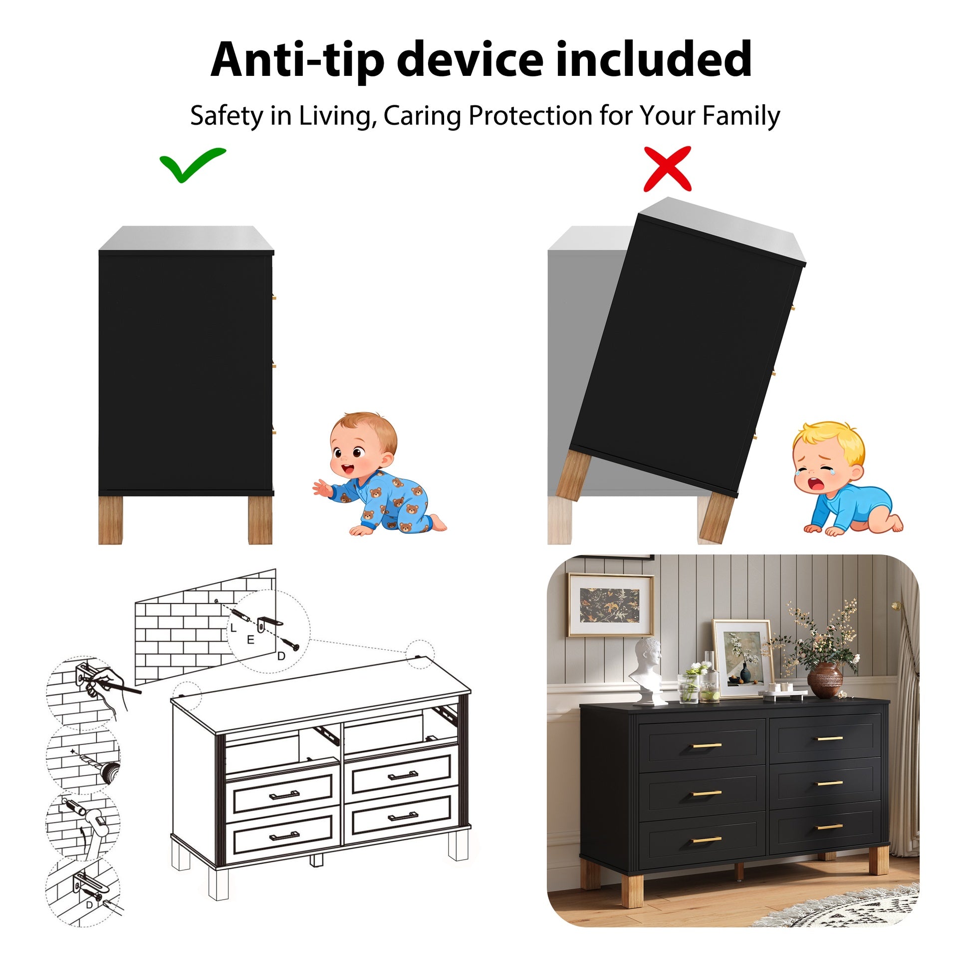 6-Drawer Double Dresser , Modern Storage Cabinet with Metal Handles & Solid Wood Legs, Dresser Drawer Organizer for Kids Bedroom, Heavy-Duty Wooden Dresser with Pre-Installed,Black
