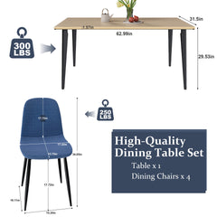 63-inch Farmhouse Industrial Dining Table Set with 4 Blue Dining Chairs, Rust-Resistant Iron Legs, Rectangular Kitchen Table for Dining Room & Patio(4 Chairs)