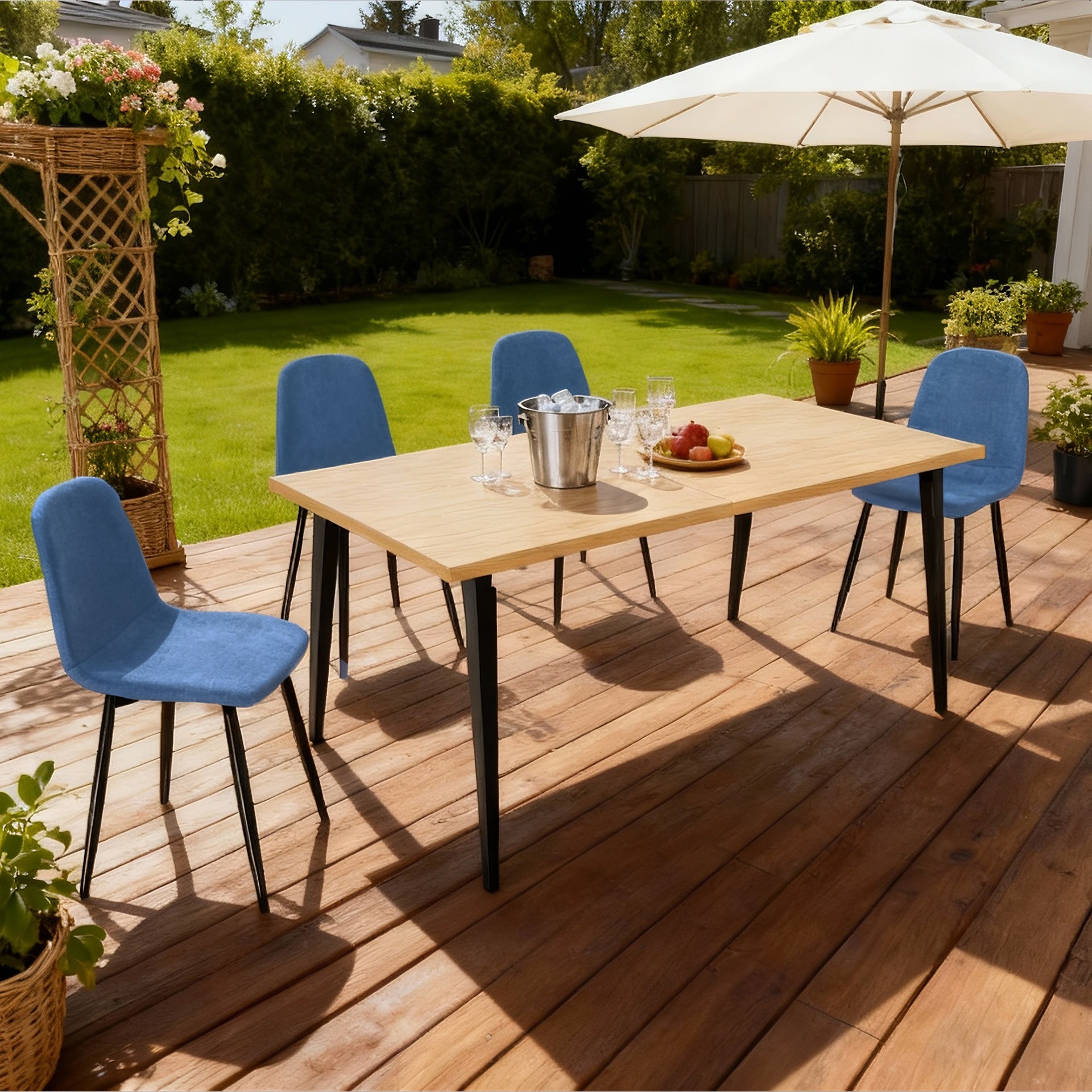 63-inch Farmhouse Industrial Dining Table Set with 4 Blue Dining Chairs, Rust-Resistant Iron Legs, Rectangular Kitchen Table for Dining Room & Patio(4 Chairs)