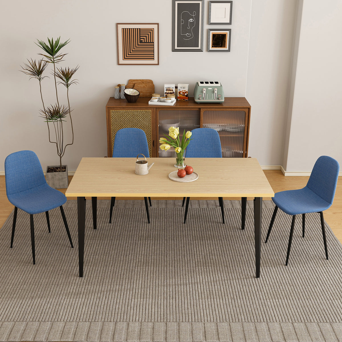63-inch Farmhouse Industrial Dining Table Set with 4 Blue Dining Chairs, Rust-Resistant Iron Legs, Rectangular Kitchen Table for Dining Room & Patio(4 Chairs)