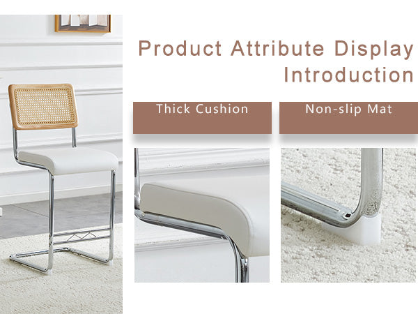 Natural rattan bar stool 2-piece set with solid wood backrest 25 inches medieval modern style counter stool white PU leather kitchen stool chrome metal legs.