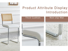 Natural rattan bar stool 2-piece set with solid wood backrest 25 inches medieval modern style counter stool white PU leather kitchen stool chrome metal legs.