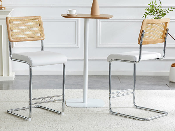 Natural rattan bar stool 2-piece set with solid wood backrest 25 inches medieval modern style counter stool white PU leather kitchen stool chrome metal legs.