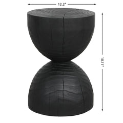 Solid Mango Wood Side End Table in Black, 12.2*18.11 inch Round Contemporary Wooden Accent Table, Small Round Plant Stand, Burnt vintage cracked end table for the Living Room and Bedroom