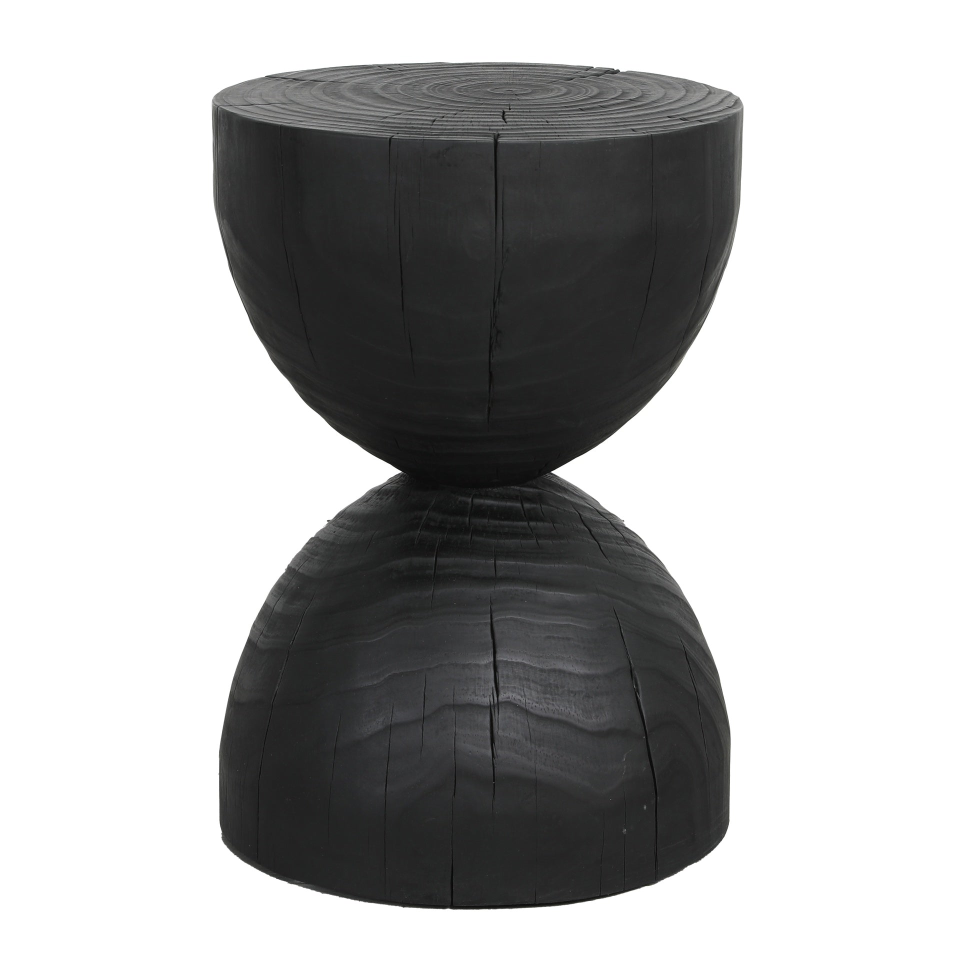 Solid Mango Wood Side End Table in Black, 12.2*18.11 inch Round Contemporary Wooden Accent Table, Small Round Plant Stand, Burnt vintage cracked end table for the Living Room and Bedroom
