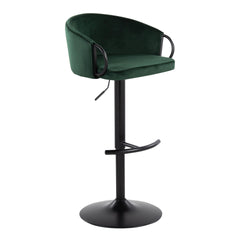 Claire Contemporary Adjustable Barstool with Swivel in Black Metal and Green Velvet with Rounded T Footrest by LumiSource - Set of 2