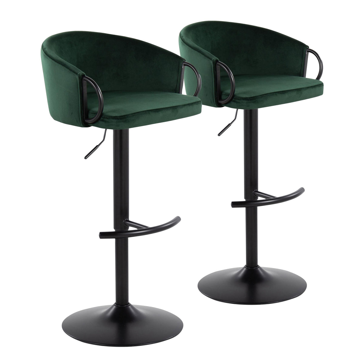 Claire Contemporary Adjustable Barstool with Swivel in Black Metal and Green Velvet with Rounded T Footrest by LumiSource - Set of 2