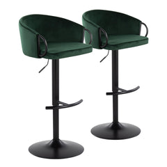 Claire Contemporary Adjustable Barstool with Swivel in Black Metal and Green Velvet with Rounded T Footrest by LumiSource - Set of 2