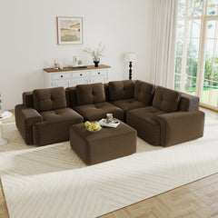 Modern Modular Sectional Sofa with 4-Seater,V Shaped  Corner Couch,Corduroy Fabric,Deep Seat for Living Room, Movable Ottoman,Pearl-like piping, Tufted Design, No Assembly, Anti-slip Design,Brown