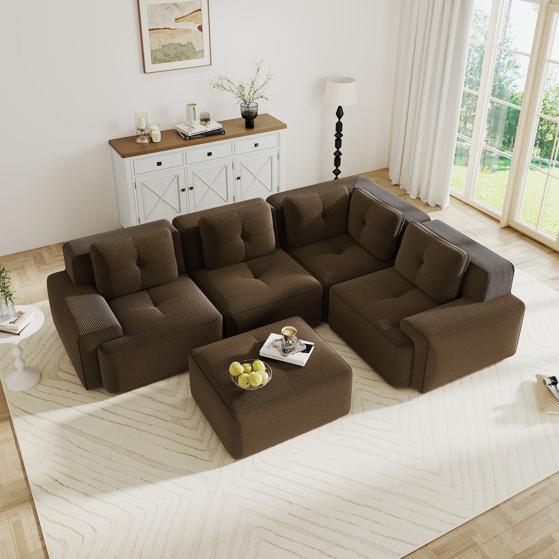 Modern Modular Sectional Sofa with 4-Seater,V Shaped  Corner Couch,Corduroy Fabric,Deep Seat for Living Room, Movable Ottoman,Pearl-like piping, Tufted Design, No Assembly, Anti-slip Design,Brown