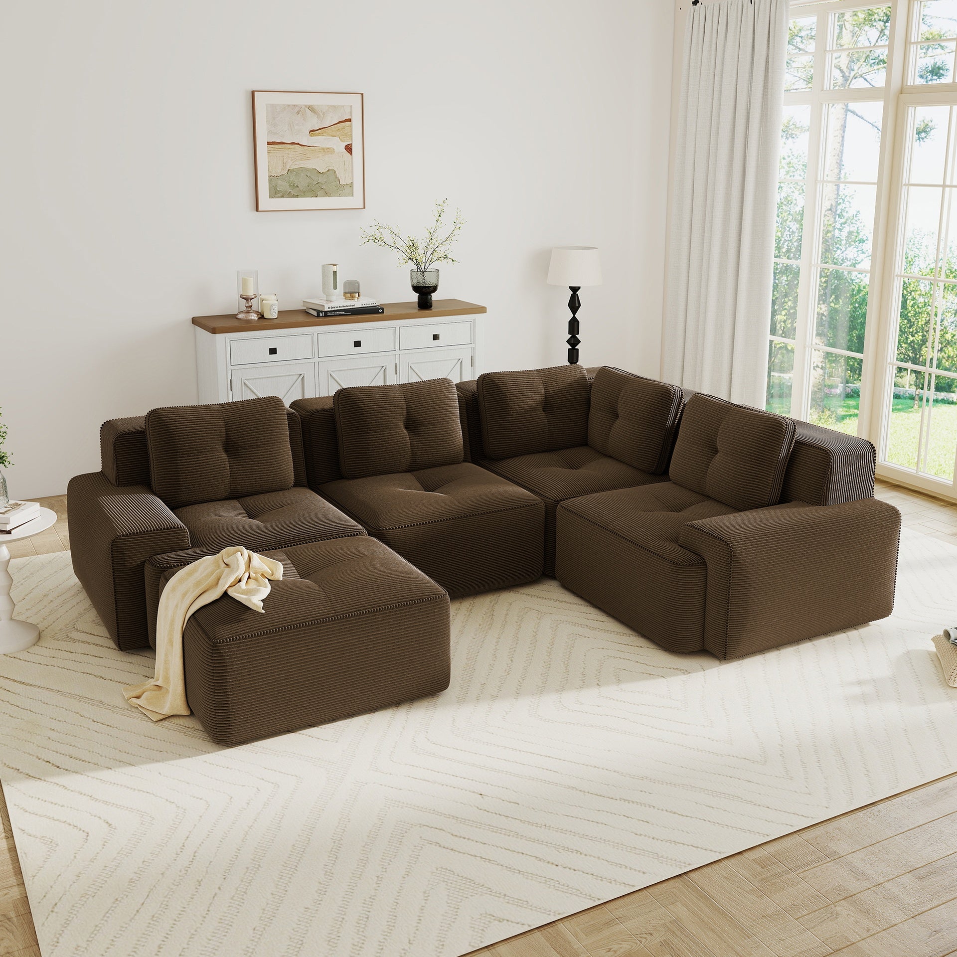 Modern Modular Sectional Sofa with 4-Seater,V Shaped  Corner Couch,Corduroy Fabric,Deep Seat for Living Room, Movable Ottoman,Pearl-like piping, Tufted Design, No Assembly, Anti-slip Design,Brown