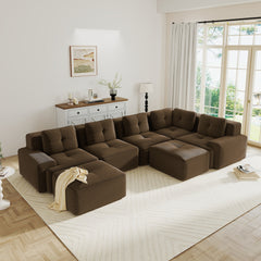 Modular Sectional Sofa with 5-Seater,V Shaped Corner Couch,Corduroy Fabric,2 Movable Ottomans, Deep Seat for Living Room, Pearl-like piping, Tufted Design, No Assembly, Anti-slip Design,Brown