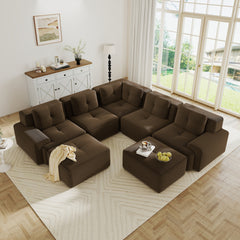 Modular Sectional Sofa with 5-Seater,V Shaped Corner Couch,Corduroy Fabric,2 Movable Ottomans, Deep Seat for Living Room, Pearl-like piping, Tufted Design, No Assembly, Anti-slip Design,Brown