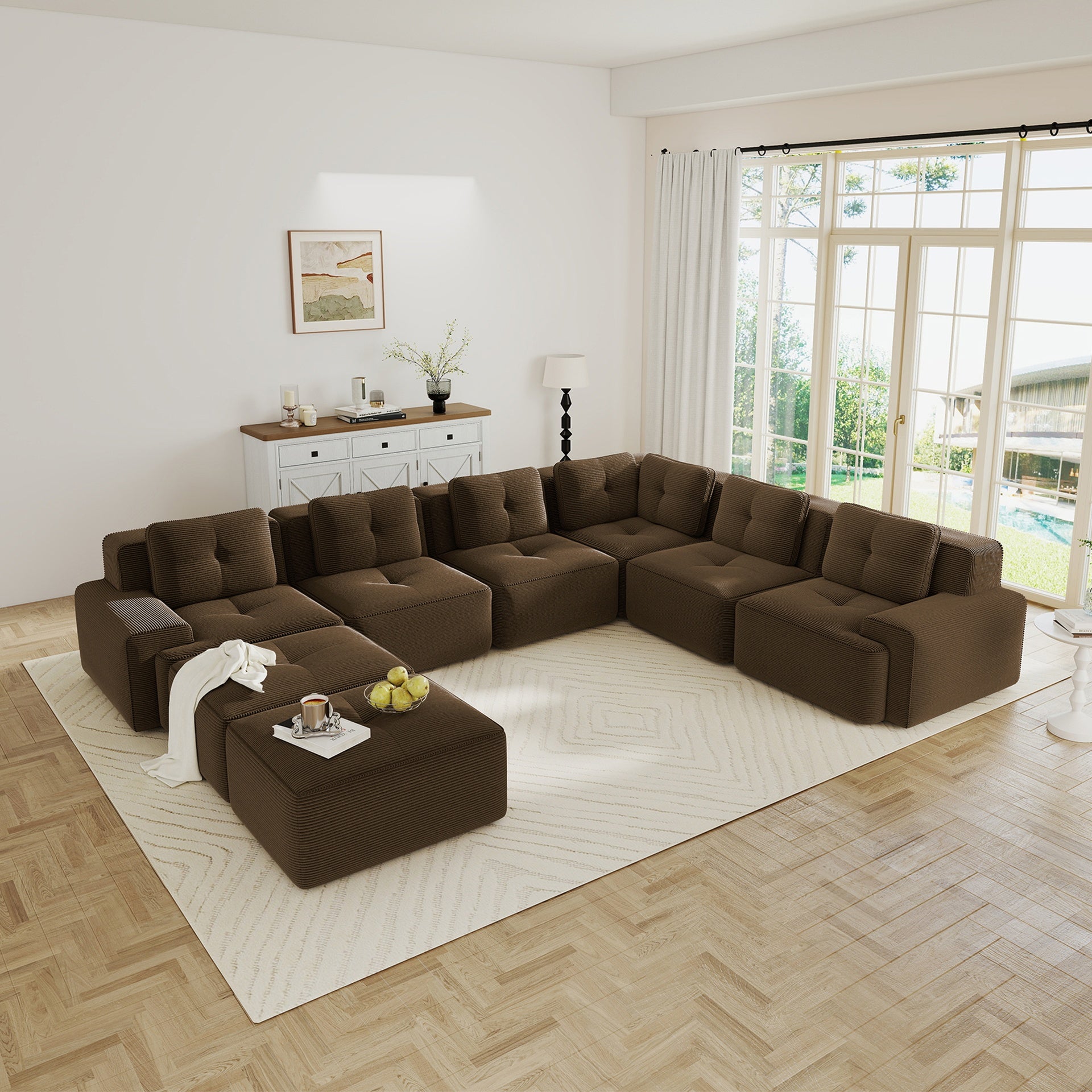 Modular Sectional Sofafor Living Room, 6-Seater Corner Sofa, Big Comfy Corduroy V Shaped Couch with 2 Movable Ottomans,Pearl-like piping, Tufted Design, No Assembly, Anti-slip Design,Brown