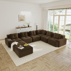 Modular Sectional Sofafor Living Room, 6-Seater Corner Sofa, Big Comfy Corduroy V Shaped Couch with 2 Movable Ottomans,Pearl-like piping, Tufted Design, No Assembly, Anti-slip Design,Brown