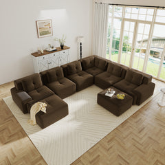 Modular Sectional Sofafor Living Room, 6-Seater Corner Sofa, Big Comfy Corduroy V Shaped Couch with 2 Movable Ottomans,Pearl-like piping, Tufted Design, No Assembly, Anti-slip Design,Brown