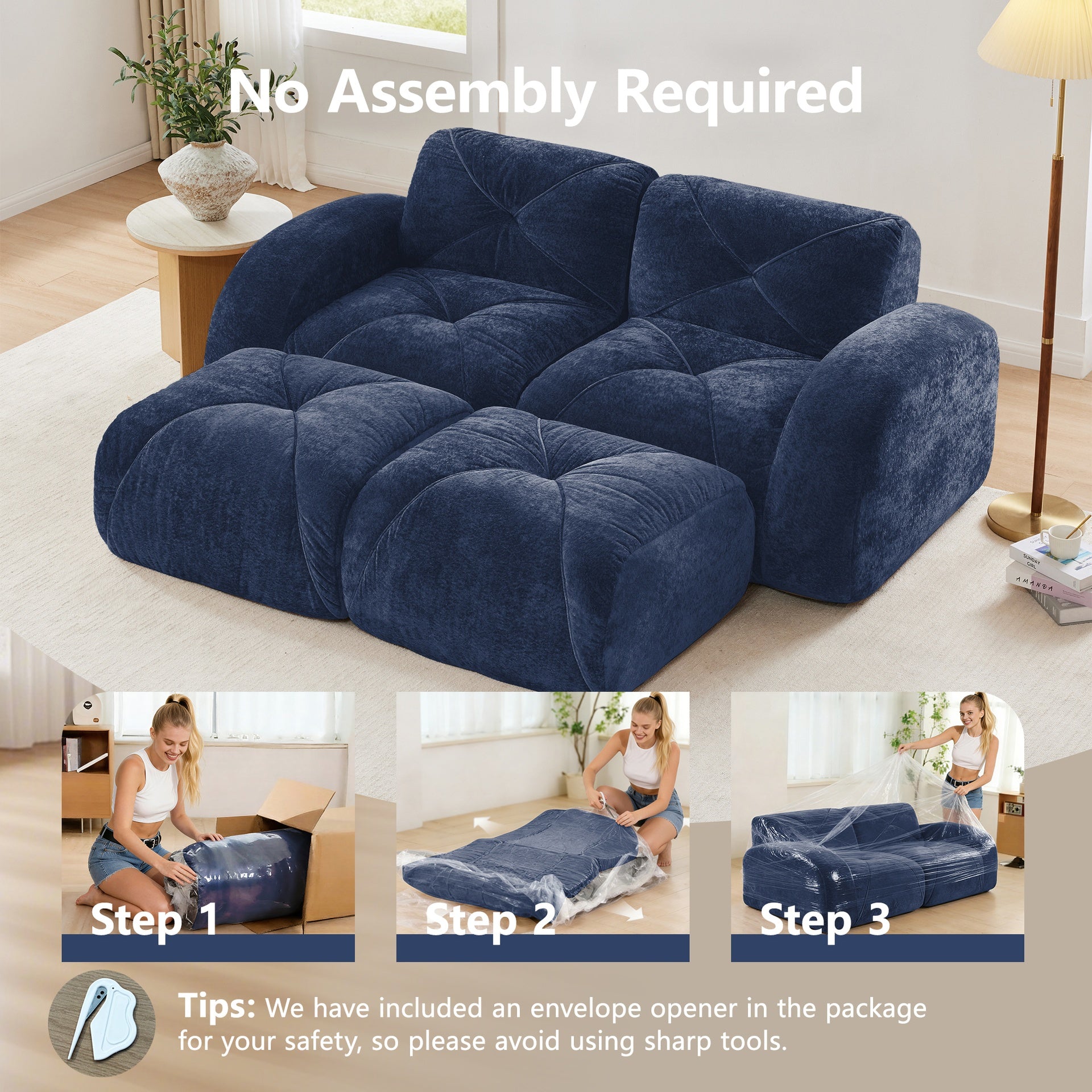 U-shaped Boneless Sofa,Soft Velvet Fabric,Tufted Design,32D High Density Sponge,No Assembly Required,Ergonomic Design Bottom, Anti-Slip Design,Movable Ottomans For Bedrooms,Blue