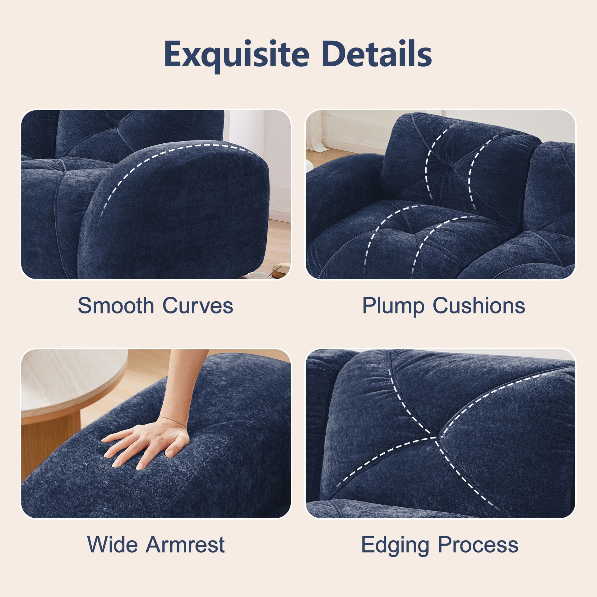 U-shaped Boneless Sofa,Soft Velvet Fabric,Tufted Design,32D High Density Sponge,No Assembly Required,Ergonomic Design Bottom, Anti-Slip Design,Movable Ottomans For Bedrooms,Blue