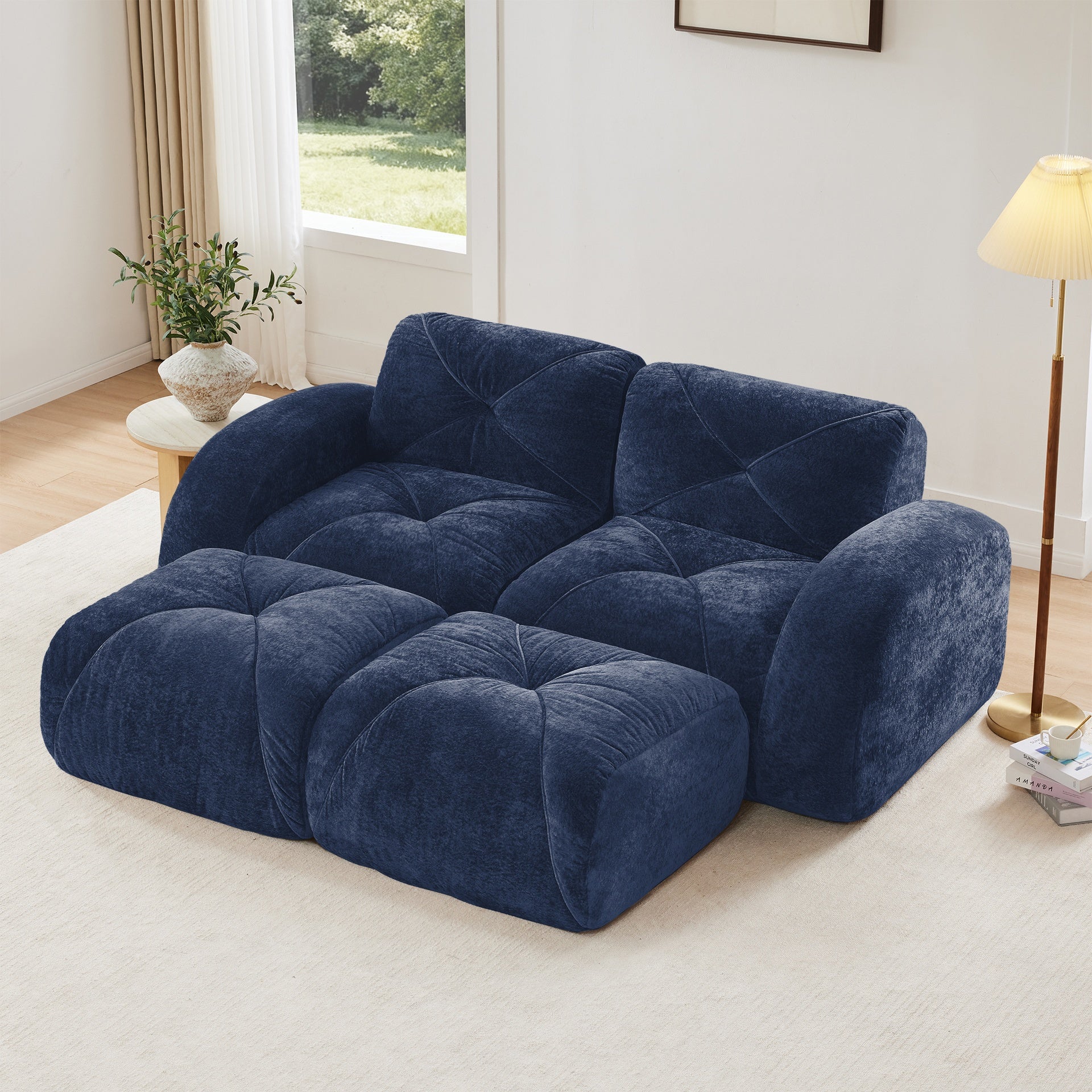 U-shaped Boneless Sofa,Soft Velvet Fabric,Tufted Design,32D High Density Sponge,No Assembly Required,Ergonomic Design Bottom, Anti-Slip Design,Movable Ottomans For Bedrooms,Blue