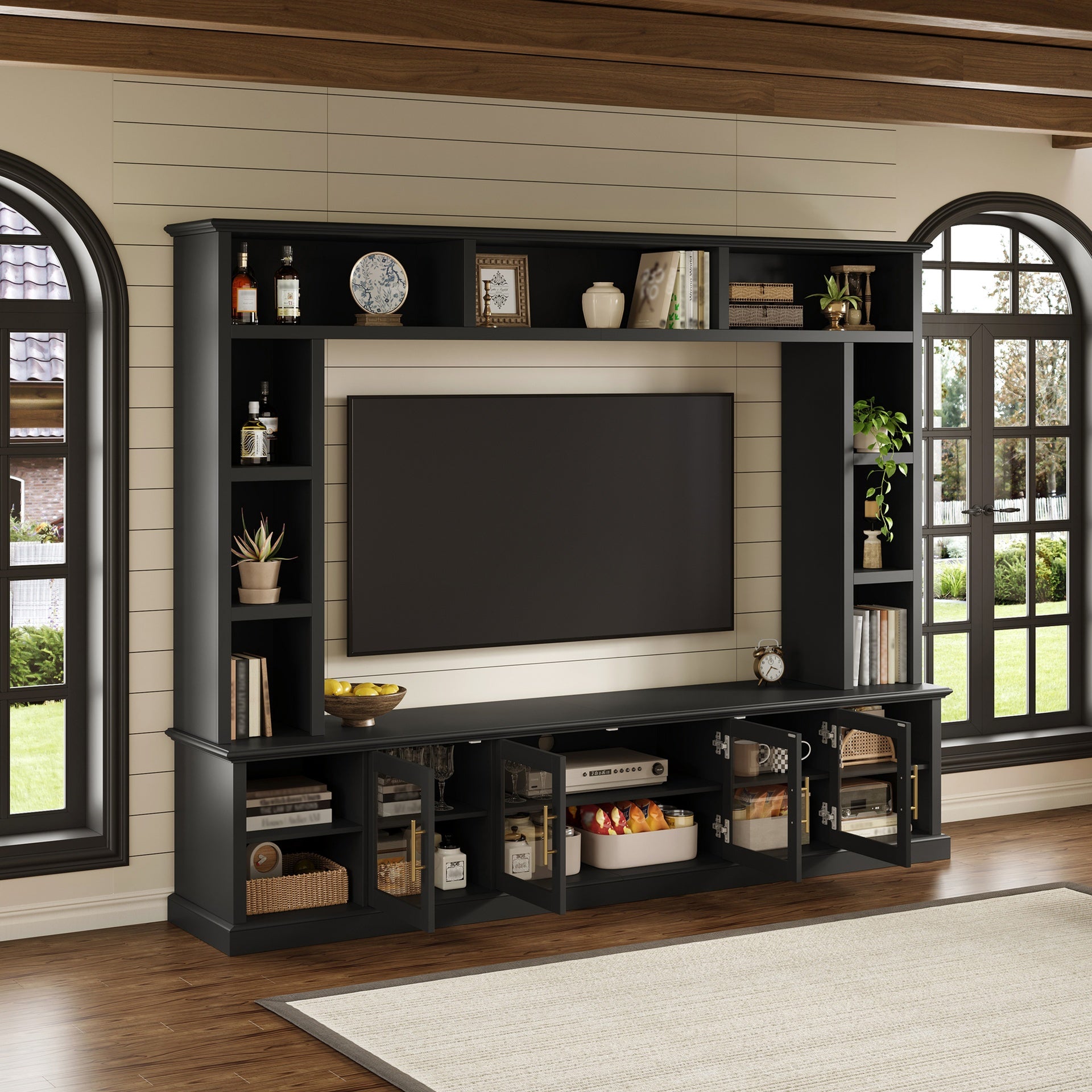 Entertainment Center Wall Unit for TVs up to 80", All-in-One Modern TV Stand with Bookshelves & Tempered Glass Doors, TV Console Unit with Shelving for Living Room, Entertainment