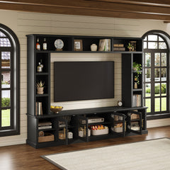 Entertainment Center Wall Unit for TVs up to 80", All-in-One Modern TV Stand with Bookshelves & Tempered Glass Doors, TV Console Unit with Shelving for Living Room, Entertainment