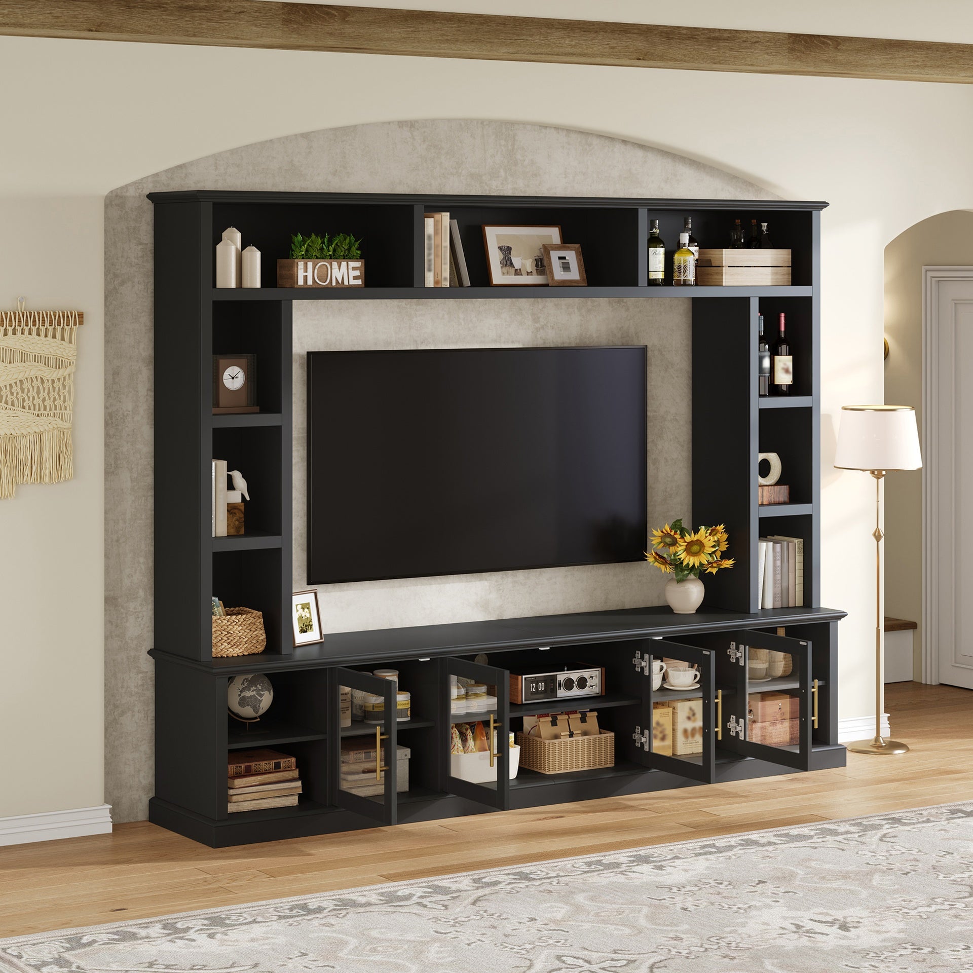 Entertainment Center Wall Unit for TVs up to 80", All-in-One Modern TV Stand with Bookshelves & Tempered Glass Doors, TV Console Unit with Shelving for Living Room, Entertainment