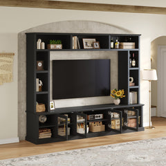 Entertainment Center Wall Unit for TVs up to 80", All-in-One Modern TV Stand with Bookshelves & Tempered Glass Doors, TV Console Unit with Shelving for Living Room, Entertainment
