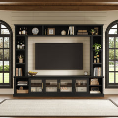 Entertainment Center Wall Unit for TVs up to 80", All-in-One Modern TV Stand with Bookshelves & Tempered Glass Doors, TV Console Unit with Shelving for Living Room, Entertainment