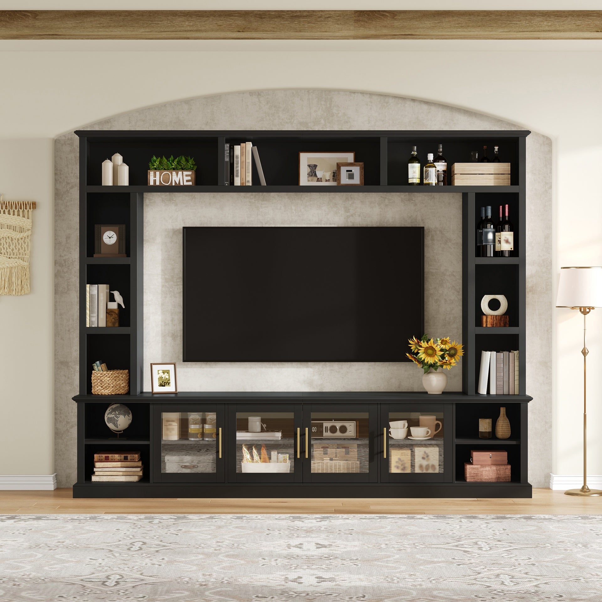 Entertainment Center Wall Unit for TVs up to 80", All-in-One Modern TV Stand with Bookshelves & Tempered Glass Doors, TV Console Unit with Shelving for Living Room, Entertainment
