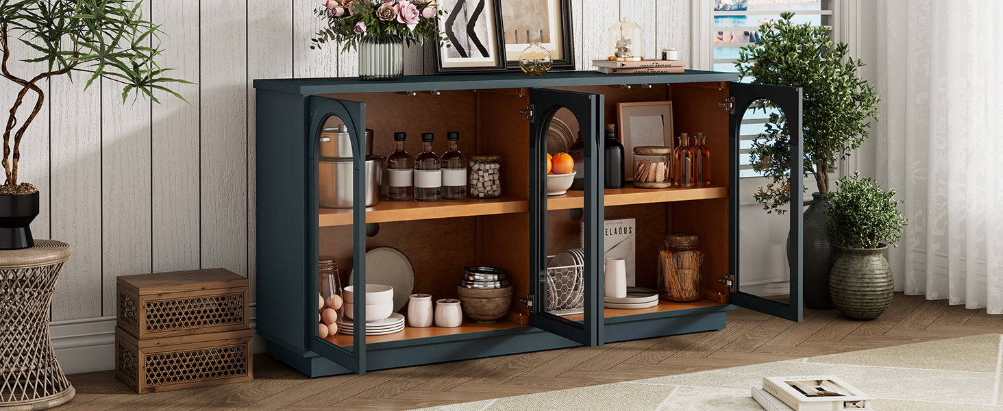 TREXM 4-Door Large Storage Buffet Cabinet with Glass Doors, Arched Cabinet with Adjustable Shelves for Kitchen, Dining Room and Living Room (Navy)
