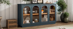 TREXM 4-Door Large Storage Buffet Cabinet with Glass Doors, Arched Cabinet with Adjustable Shelves for Kitchen, Dining Room and Living Room (Navy)