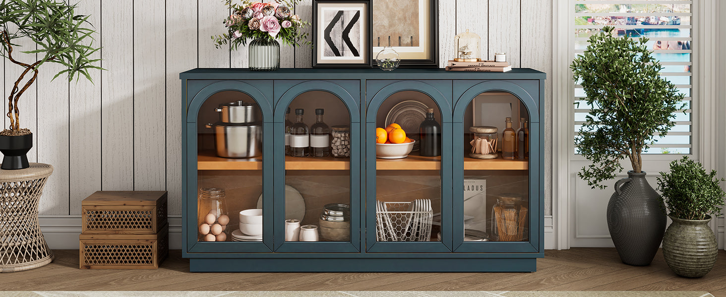TREXM 4-Door Large Storage Buffet Cabinet with Glass Doors, Arched Cabinet with Adjustable Shelves for Kitchen, Dining Room and Living Room (Navy)