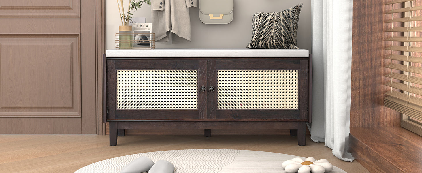 TREXM Boho Rattan Entryway Bench with Storage, Cushioned Shoe Bench with Double Doors, Wooden Shoe Organizer Bench for Entryway and Hallway (Espresso+Beige )