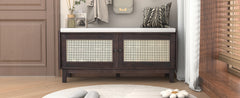 TREXM Boho Rattan Entryway Bench with Storage, Cushioned Shoe Bench with Double Doors, Wooden Shoe Organizer Bench for Entryway and Hallway (Espresso+Beige )