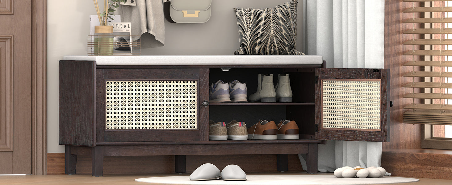 TREXM Boho Rattan Entryway Bench with Storage, Cushioned Shoe Bench with Double Doors, Wooden Shoe Organizer Bench for Entryway and Hallway (Espresso+Beige )