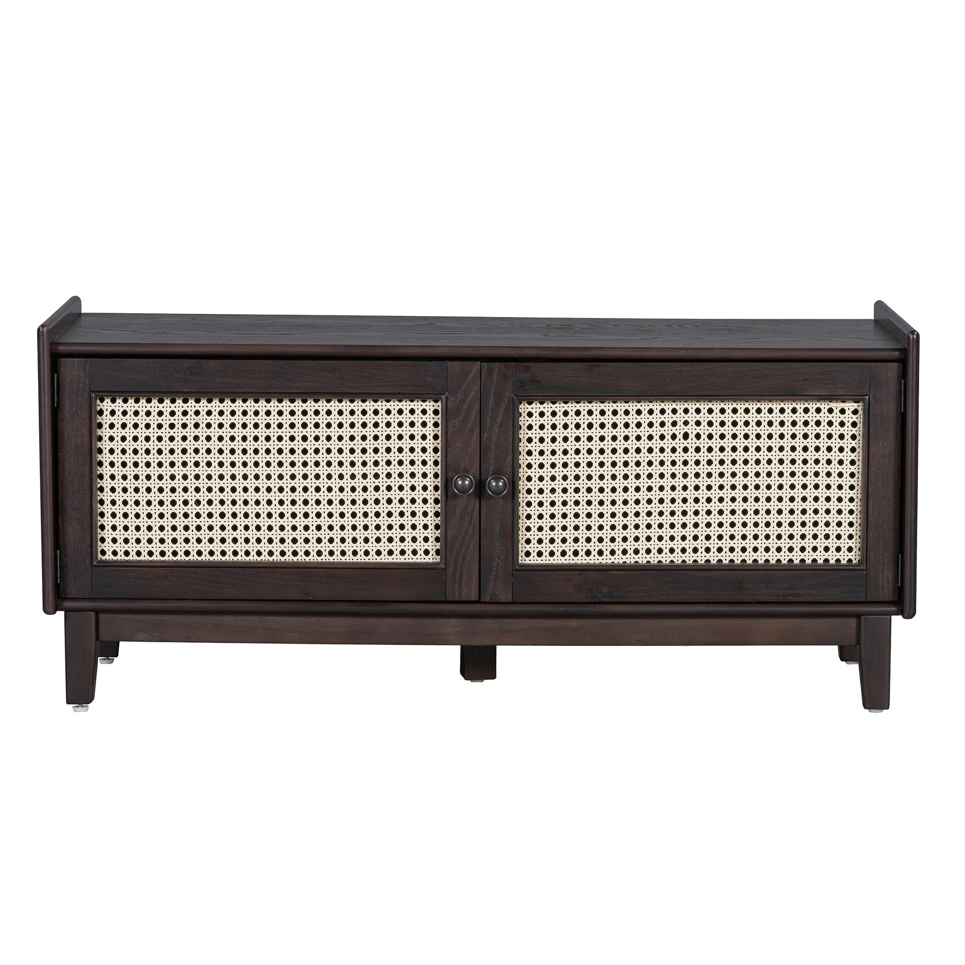 TREXM Boho Rattan Entryway Bench with Storage, Cushioned Shoe Bench with Double Doors, Wooden Shoe Organizer Bench for Entryway and Hallway (Espresso+Beige )