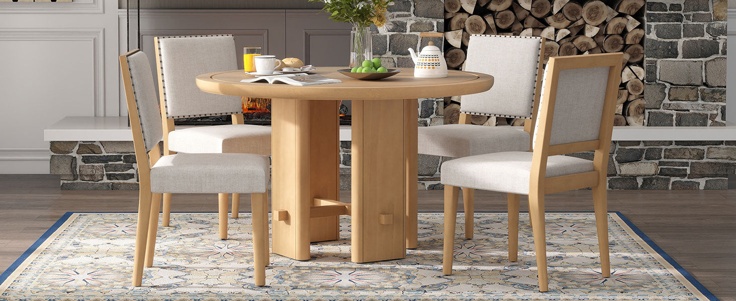 TREXM 5-Piece Round Dining Table Set for 4, Minimalist Farmhouse Dining Table with 4 Solid Wood Upholstered Chairs, Kitchen & Dining Room Sets (Natural)