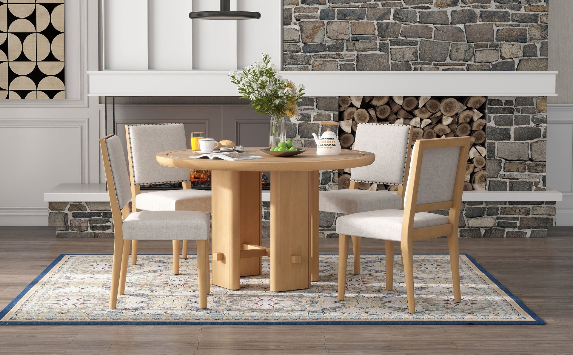 TREXM 5-Piece Round Dining Table Set for 4, Minimalist Farmhouse Dining Table with 4 Solid Wood Upholstered Chairs, Kitchen & Dining Room Sets (Natural)