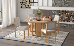 TREXM 5-Piece Round Dining Table Set for 4, Minimalist Farmhouse Dining Table with 4 Solid Wood Upholstered Chairs, Kitchen & Dining Room Sets (Natural)
