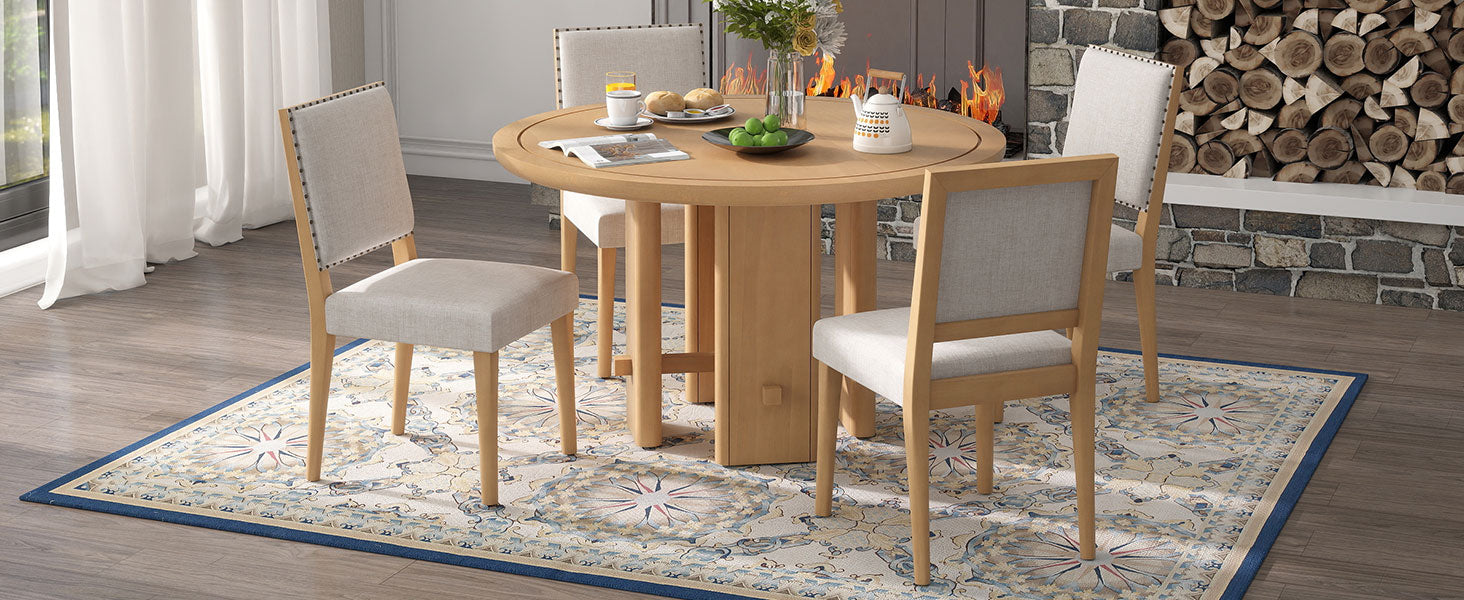 TREXM 5-Piece Round Dining Table Set for 4, Minimalist Farmhouse Dining Table with 4 Solid Wood Upholstered Chairs, Kitchen & Dining Room Sets (Natural)